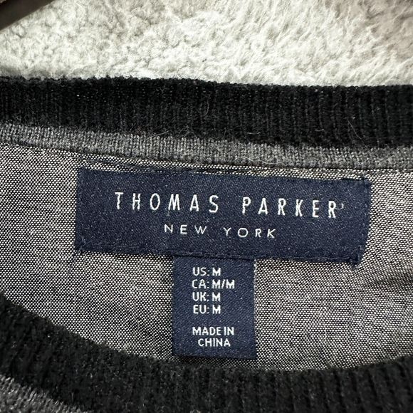 Thomas Parker mens sweater Medium black gray striped wool blend pullover preppy - Picture 2 of 6